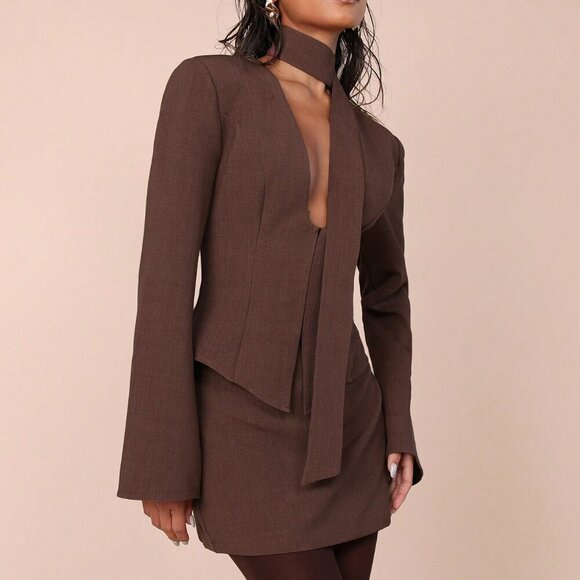 brown Casual Women's Long Sleeve Top And Skirt coord Set - Picture 4 of 8